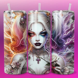 3D Emo Villain Girl White Rose Tumbler Wrap 20oz Skinny Sublimation Seamless PNG DTF Design Female Clown Wall Art Comic Book Fan Gift Print