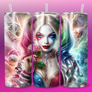 3D Goth Emo Villain Girl Clown Pink Rose Tumbler Wrap Skinny Sublimation Seamless PNG DTF Design Female Wall Art Comic Book Fan Gift Print