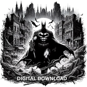 Dark Knight Graphic Novel Style Gotham PNG SVG Files DTF, Sublimatio, Printable, cityscape Hero Tshirt Art, Tumbler Design Wall Art Seamless