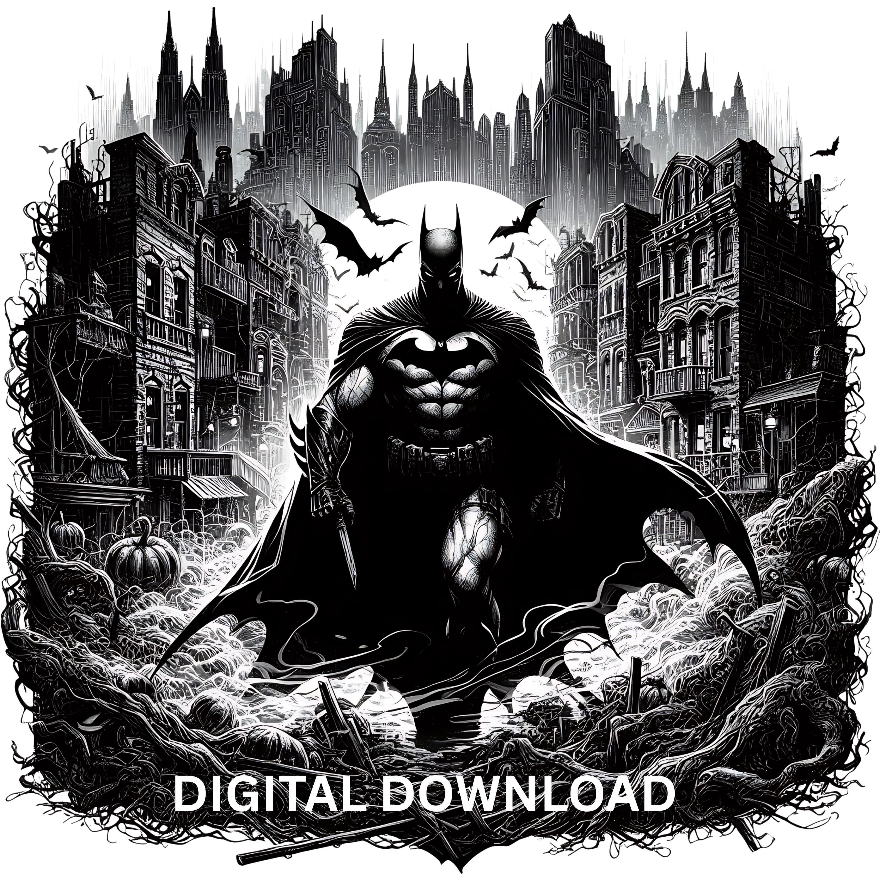 Dark Knight Graphic Novel Style Gotham PNG SVG Files DTF, Sublimatio, Printable, cityscape Hero Tshirt Art, Tumbler Design Wall Art Seamless