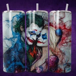 3D emo coloré méchant clown couple aquarelle portrait sans couture gobelet emballage maigre sublimation design mur art affiche bande dessinée fan cadeau