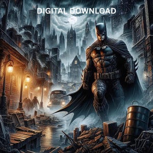 Dark Knight Graphic Novel Style Gotham PNG PDF Files DTF, Sublimation Printable, cityscape Hero Tshirt Art, Seamless Tumbler Design Wall Art