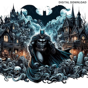 Novela gráfica de estilo Gotham, caballero oscuro, archivos PNG PDF, Cricut, sublimación, imprimible, clipart gótico, arte de camiseta para fiesta de Halloween, vaso