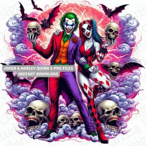 Joker en Harley Quinn 5 transparante png-bestanden, 300 dpi, hoge resolutie, Arkham Asylum, griezelige muurkunst, Halloween, pompoenen, snoep, vleermuizen