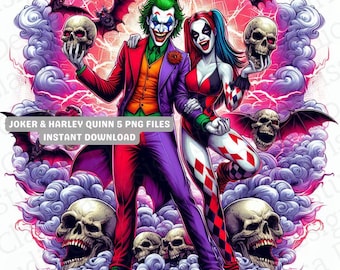 Clown Villain Emo Couple 5 Transparent PNG Files,300DPI, High Resolution, Arkham Asylum, Creepy Wall Art, Halloween, Pumpkins, Candy, Bats