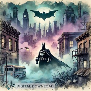 Gotham, novela gráfica de caballero oscuro, archivos PNG y PDF, DTF, sublimación, imprimible, arte de camiseta de héroe de paisaje urbano, diseño de vaso para pared.