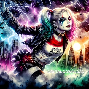 Harley Quin Neon Poster Tumbler Wrap 20oz Skinny Sublimation Seamless PNG DTF Design Female Villain Wall Art Comic Book Fan joker Gift Print