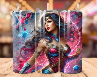 Wonderous Woman Tumbler Wrap 20oz Skinny Sublimation PNG Design Female Superhero Gift for Mom Wife Daughter Comic Character Poster Wall Art
