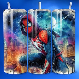 3D Super Hero Spider Watercolor Seamless Tumbler Wrap Skinny Sublimation Design Male Superhero Wall Art Father's Day Marvel Fan Gift DTF