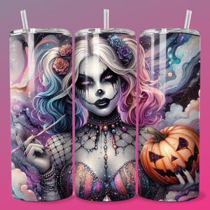 Emo Villain Girl Halloween Tumbler Wrap 20oz Skinny Sublimation Seamless PNG DTF Design Female Clown Wall Art Comic Book Fan  Gift Print
