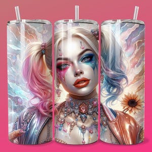 3D Emo Villain Girl Pink Sunflower Tumbler Wrap Skinny Sublimation Seamless DTF Design Female Clown Wall Art Comic Book Fan Gift Print