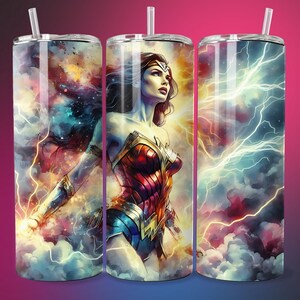 3D ultra réaliste femme merveilleuse tempête guerrier sans couture emballage de verre 20 oz maigre sublimation DTF PNG design super-héros féminin affiche d'art