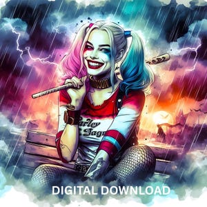 Harley Quin Tumbler Wrap 20oz Skinny Seamless Design Female Villain Postcard Comic Book Fan Gift Tumbler Png Wall Art Dorm Decor Sublimation