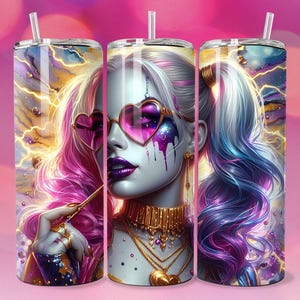 3D Cute Dark Emo Goth Villain Girl Heart Glasses Tumbler Wrap Skinny Sublimation Seamless PNG DTF Design Female Clowncor Wall Art Comic Book