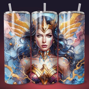 Wonderous Woman Queen Warrior Portrait Seamless Tumbler Wrap 20oz Skinny Sublimation Design Female Superhero Strong PNG DTF Wall Art Poster