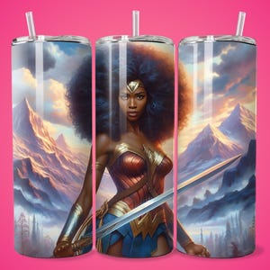 Afro noire femme super-héroïne épée guerrière gobelet wrap conception sans couture maigre sublimation affiche d'art mural forte autonomisation de la femme