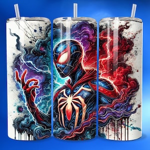 3D Super Hero Spiderman Watercolor Seamless Tumbler Wrap Skinny Sublimation Design Male Superhero Wall Art Father's Day Marvel Fan Gift DTF