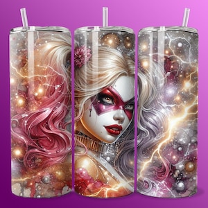 Electric Emo Villain Girl Tumbler Wrap 20oz Skinny Sublimation Seamless PNG DTF Design Female Clowncore Wall Art Comic Book Fan  Gift Poster