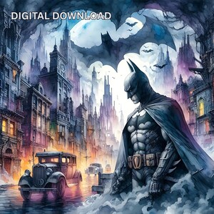Dark Knight Graphic Novel Style Gotham PNG PDF Files DTF, Sublimatio, Printable, cityscape Hero Tshirt Art, Tumbler Design Wall Art Seamless