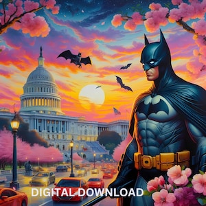 Estilo de história em quadrinhos Dark Knight Gotham, arquivos PNG PDF, DTF, sublimação, para impressão, arte de camiseta de herói de paisagem urbana, arte de parede de design de copo
