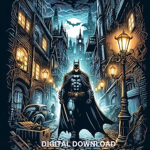 Novela gráfica de estilo Gotham, caballero oscuro, archivos PNG, PDF, DTF, sublimación, imprimible, clipart gótico, arte de camiseta de héroe, arte de pared con diseño de vaso