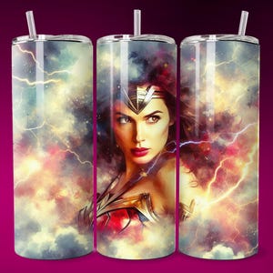 3D Wonderous Storm Warrior sans couture gobelet Wrap 20 oz maigre sublimation DTF PNG Design super-héros féminin cadeau fête des mères art mural