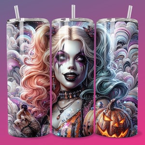 3D Emo Villain Girl Halloween Tumbler Wrap Skinny Sublimation Seamless PNG DTF Design Female Clown Wall Art Comic Book Fan Gift Print