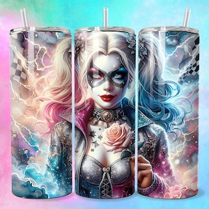 3D Goth Glam Emo Villain Girl Clowncore Pink Rose Tumbler Wrap Skinny Sublimation Seamless PNG DTF Design Female Art Comic Book Fan Print