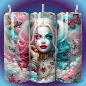 3D Emo Villain Clown Girl Pastel Butterfly Tumbler Wrap 20oz Skinny Sublimation Seamless PNG PDF DTF Design Female Wall Art Comic Book Fan