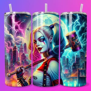 Neon Goth Emo Villain Clown Girl Pink Bubblegum Electric Tumbler Wrap Skinny Sublimation Seamless DTF Design Female Comic Book Fan Art Teen