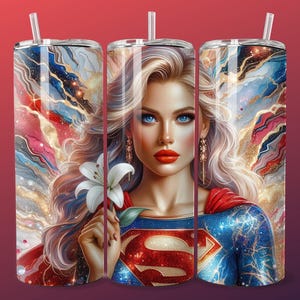 Super Girl Lily Seamless Tumbler Wrap, 20oz Skinny Sublimation Tumbler Design Female Superhero Wall Art, Mother's Day Gift Png DTF Wall Art