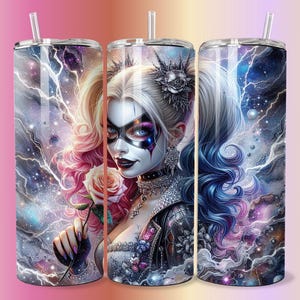 3D Goth Emo Villain Girl Clown Pink Rose Tumbler Wrap Skinny Sublimation Seamless PNG DTF Design Female Wall Art Comic Book Marble Print