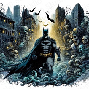 Gotham, estilo novela gráfica de Dark Knight, archivos PNG transparentes, sublimación, imprimible, clipart gótico, arte de camiseta de fiesta espeluznante, vaso