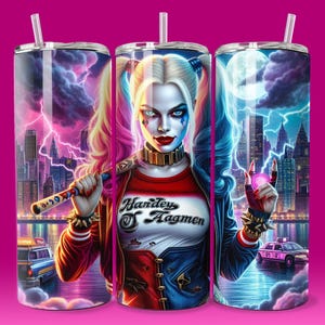 3D Emo Girl Clown Villain Neon Poster Tumbler Wrap 20oz Skinny Sublimation Seamless PNG DTF Design Female Wall Art Comic Book Fan Gift Print