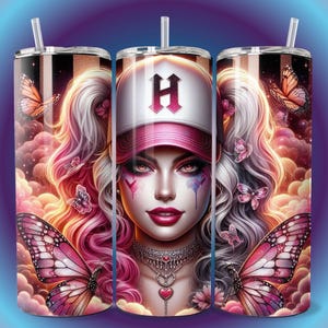 3D Emo Clown Villain Girl Trucker Hat Butterfly Tumbler Wrap 20oz Skinny Sublimation Seamless PNG DTF Design Female Wall Art Comic Book Gift