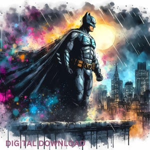 Novela gráfica de estilo Gotham, caballero oscuro, archivos PNG, PDF, DTF, sublimación, imprimible, clipart gótico, arte de camiseta de héroe, arte de pared con diseño de vaso