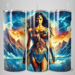 Wonderous Warrior Woman Tumbler Wrap 20oz Skinny Sublimation Design Female Superheroine Png DTF Wall Art Print Poster Party Decor Tote Card