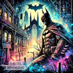 Gotham, novela gráfica de caballero oscuro, archivos PNG y PDF, DTF, sublimación, imprimible, arte de camiseta de héroe de paisaje urbano, diseño de vaso para pared.