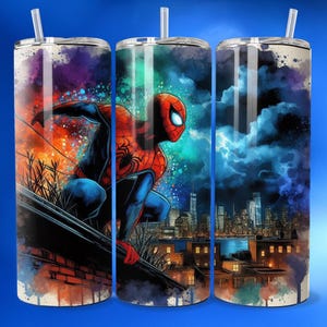 3D Spider Super Hero Watercolor Seamless Tumbler Wrap Skinny Sublimation Design Male Superhero Wall Art Father's Day Marvel Fan Gift DTF