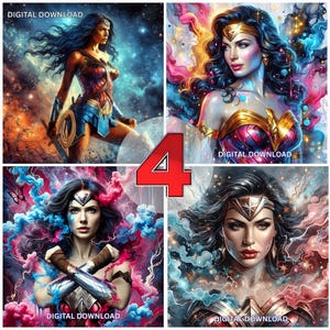 4 Wonderous Woman Seamless Tumbler Wraps 20oz Skinny Sublimation DTF PNG Design Female Superhero  Journal Decoupage Pages PDF Clip Art