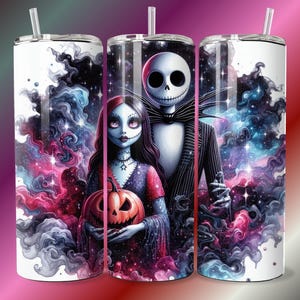 Jack und Sally Halloween Tumbler Design PNG PDF DTF Der Kürbis König Gruselige Wand Horror Alptraum Paar Poster Kunst Süßes oder Saures