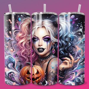 Emo Villain Girl Halloween Tumbler Wrap 20oz Skinny Sublimation Seamless PNG DTF Design Female Clown Wall Art Comic Book Fan Gift Print