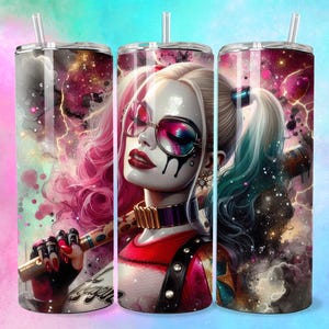3D Dark Emo Villain Girl Tumbler Wrap 20oz Skinny Sublimation Seamless PNG DTF Design Female Clowncore Wall Art Comic Book Fan Gift Poster