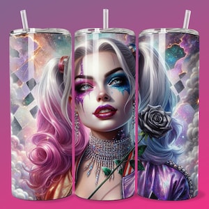 3D Emo Villain Girl Black Rose Tumbler Wrap Skinny Sublimation Seamless PNG DTF Design Female Clown Wall Art Comic Book Fan  Gift Print