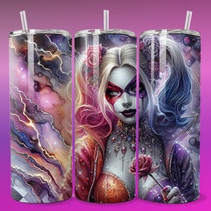 3D Goth Emo Villain Girl Clown Pink Rose Tumbler Wrap Skinny Sublimation Seamless PNG DTF Design Female  Wall Art Comic Book Fan Gift Print