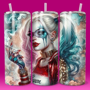 3D Emo Villain Girl Smoker Tumbler Wrap 20oz Skinny Sublimation Seamless PNG DTF Design Female Clowncore Wall Art Comic Book Fan  Gift Print