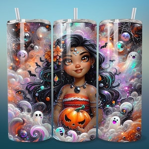 Halloween Moana Princess Seamless Tumbler Wrap: Spooky Pumpkin, Bats (PNG Digital Download)