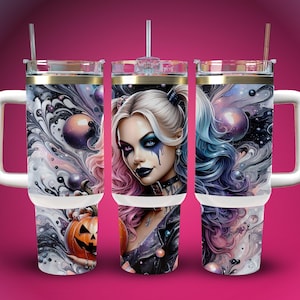 3D Emo Villain Girl Halloween Pumpkin 40oz Tumbler Wrap Sublimation Seamless PNG DTF Design Female Clown Wall Art Comic Book Fan Gift Print