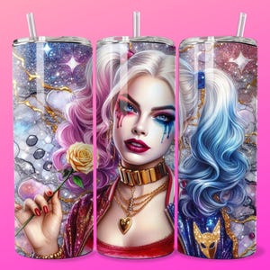 3D Emo Villain Girl Rose Marble Tumbler Wrap 20oz Skinny Sublimation Seamless PNG DTF Design Female Clown Wall Art Comic Book Fan Gift
