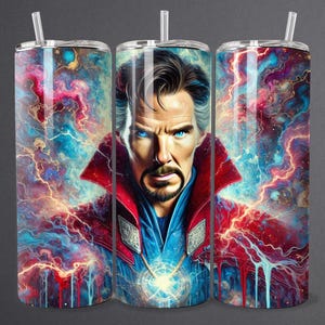 Super-héros 3D étrange gobelet sans couture, 20 oz, mince gobelet à sublimation sans couture, scientifique, docteur, art mural, cadeau pour papa, affiche PNG DTF